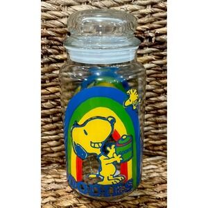Vintage Peanuts Snoopy Woodstock Goodies 8" Glass Jar Canister With Lid 1965 NEW